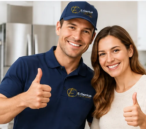 Illustration of an E-genius Appliance Repair technician and a homeowner in a kitchen